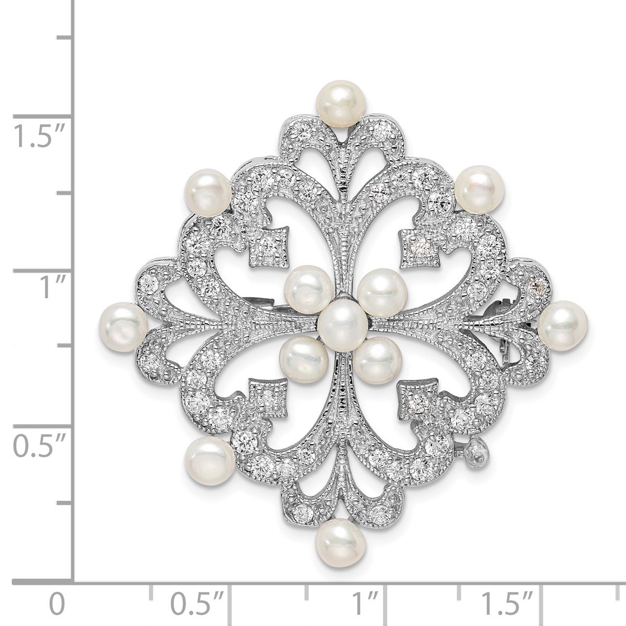 Sterling Silver Rhodium-plated FW Cultured Pearl and CZ Pin-2