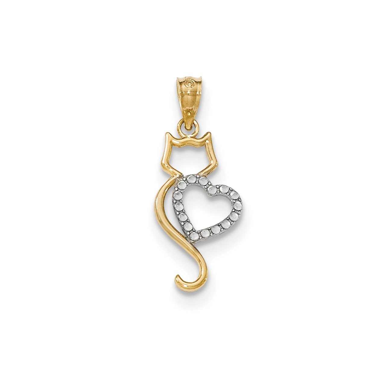 14k Two-tone Polished Cat with Heart Pendant