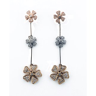 14K Three Tone Gold Natural 1.0 Ct. Diamond Flower Shape Dangling Earrings
