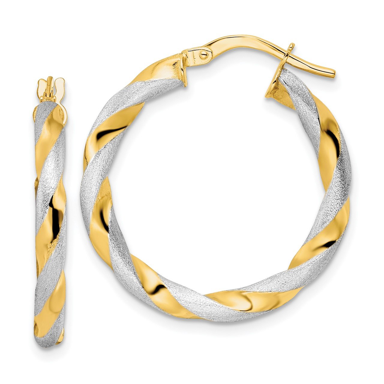 14K and Rhodium Brushed Polished Twisted Hoop Earrings