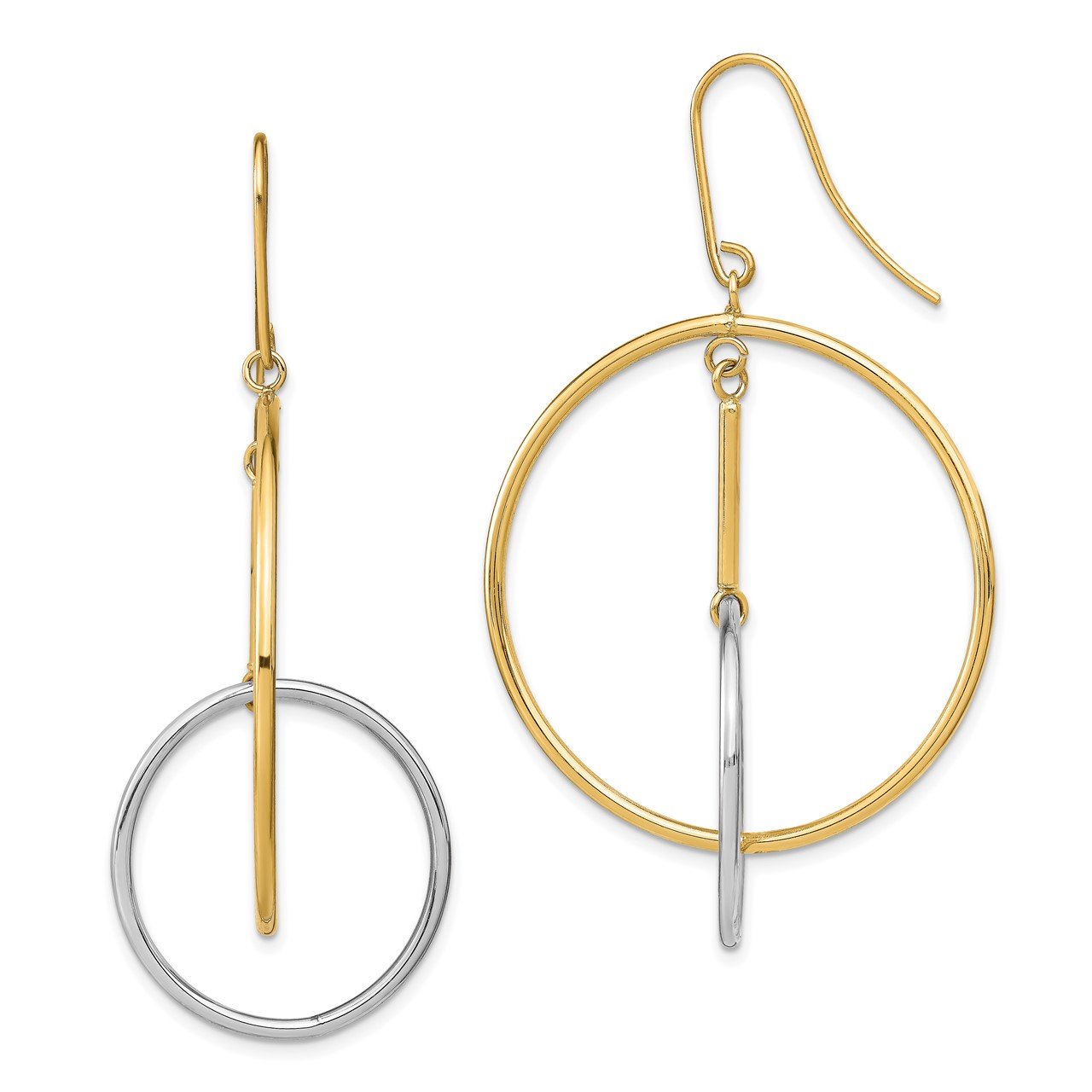 14k Two-Tone Double Circle and Bar Dangle Earrings