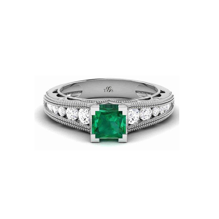 14K White Gold Green Stone/ Natural Diamonds Ring-2