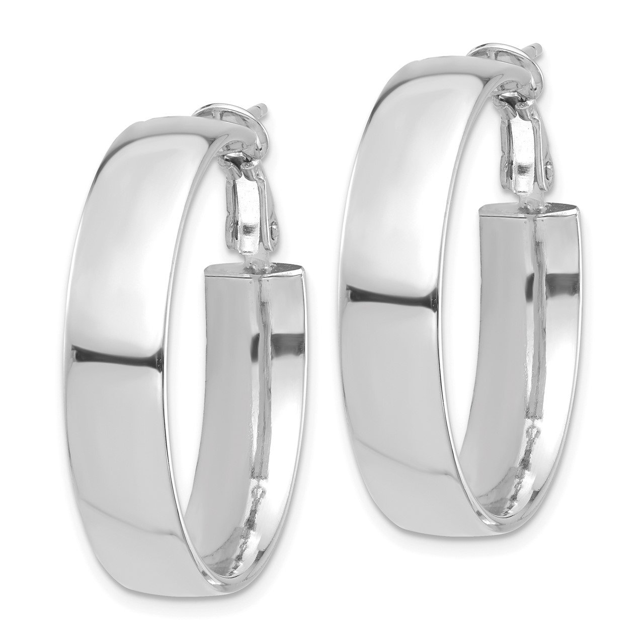 14k White Gold High Polished 7mm Omega Back Hoop Earrings-1