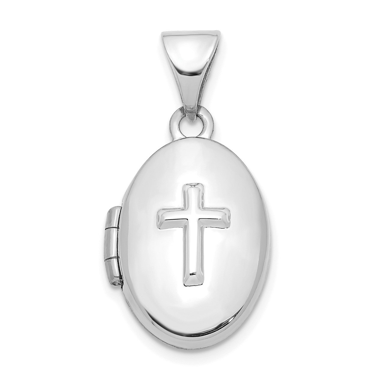14K White Gold with Cross 16mm Oval Locket Pendant