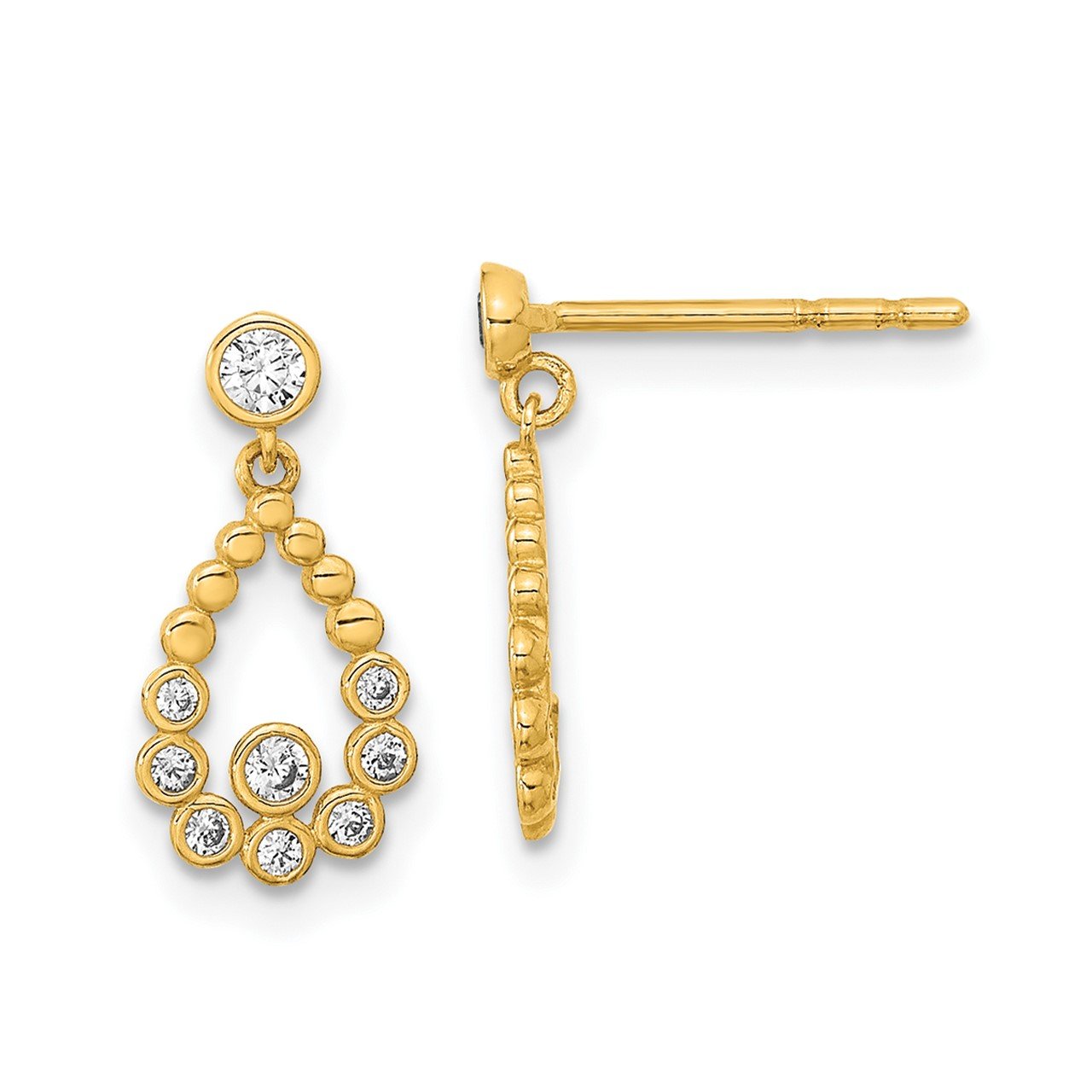 14K Polished CZ Tear Drop Dangle Post Earrings