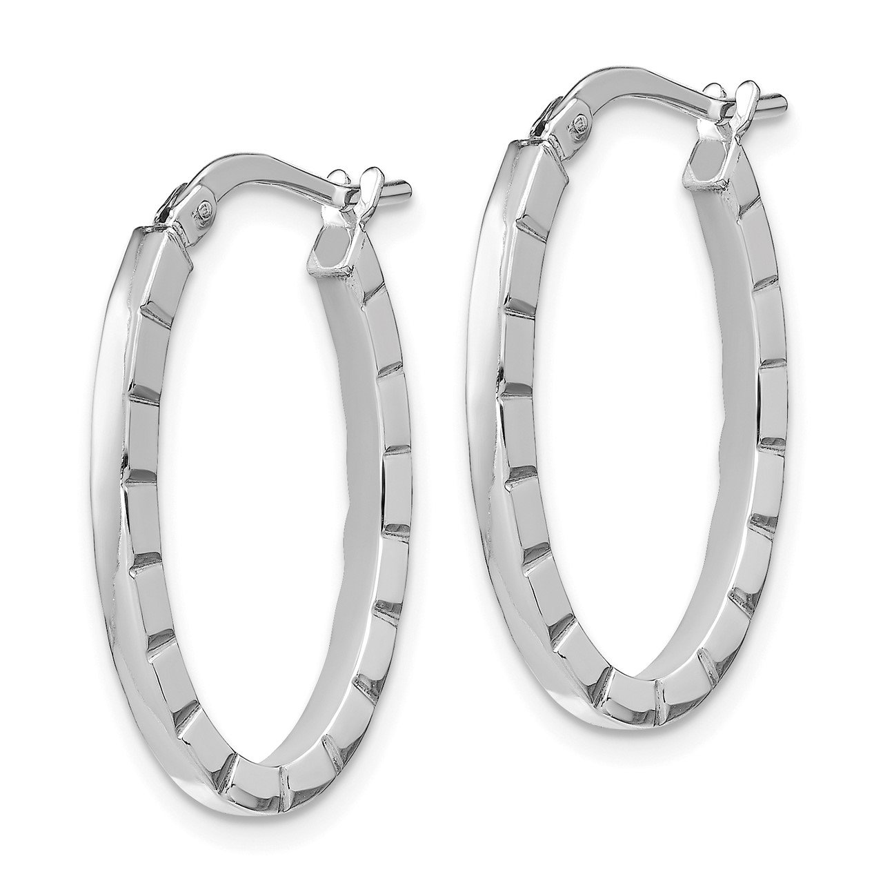 14k White Gold Striped Edge Oval Hoop Earrings-1