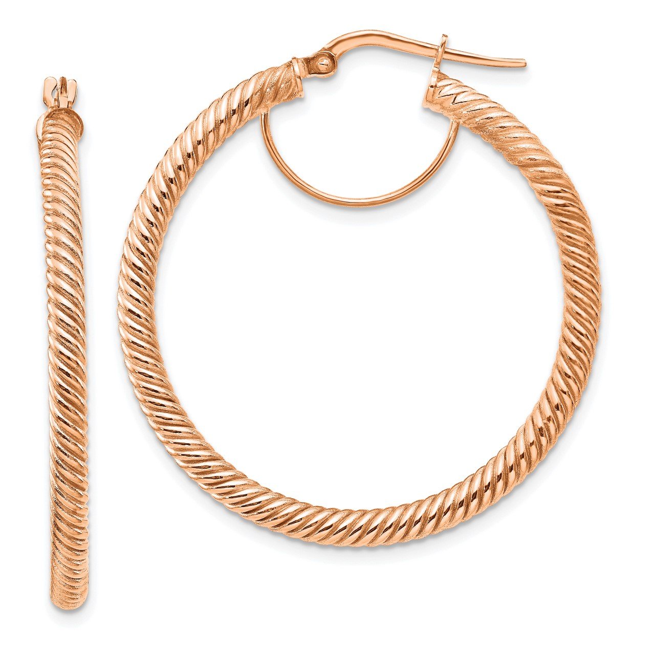 14k 3x30mm Rose Gold Twisted Round Hoop Earrings