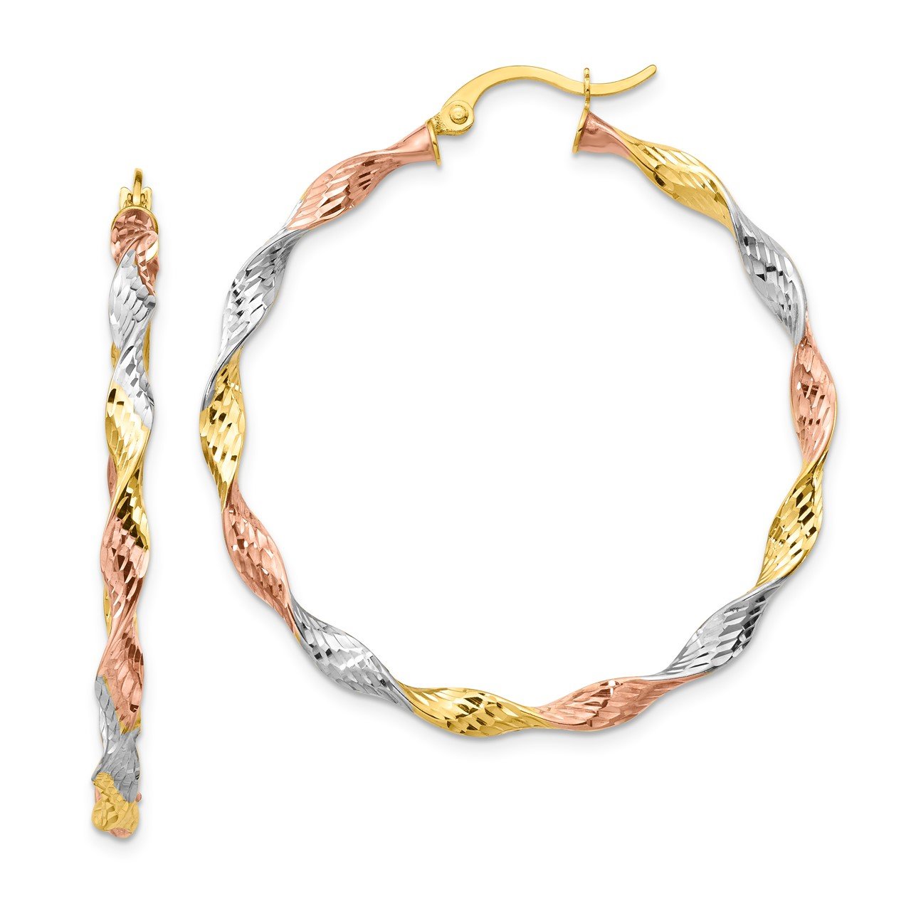 14k with White and Rose Rhodium Twisted D/C Round Hoop Earrings