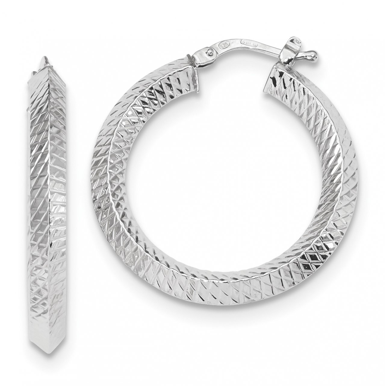 14K White Gold Textured Hinged Hoop Earring