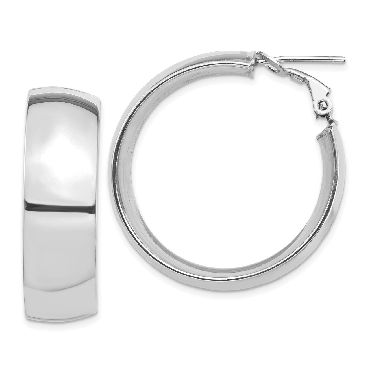 14k White Gold High Polished 10mm Omega Back Hoop Earrings