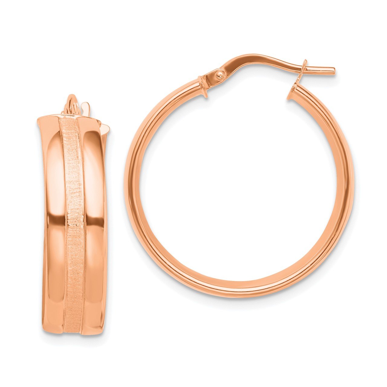 14K Rose Gold 25mm Satin and Polished Hoop Earrings