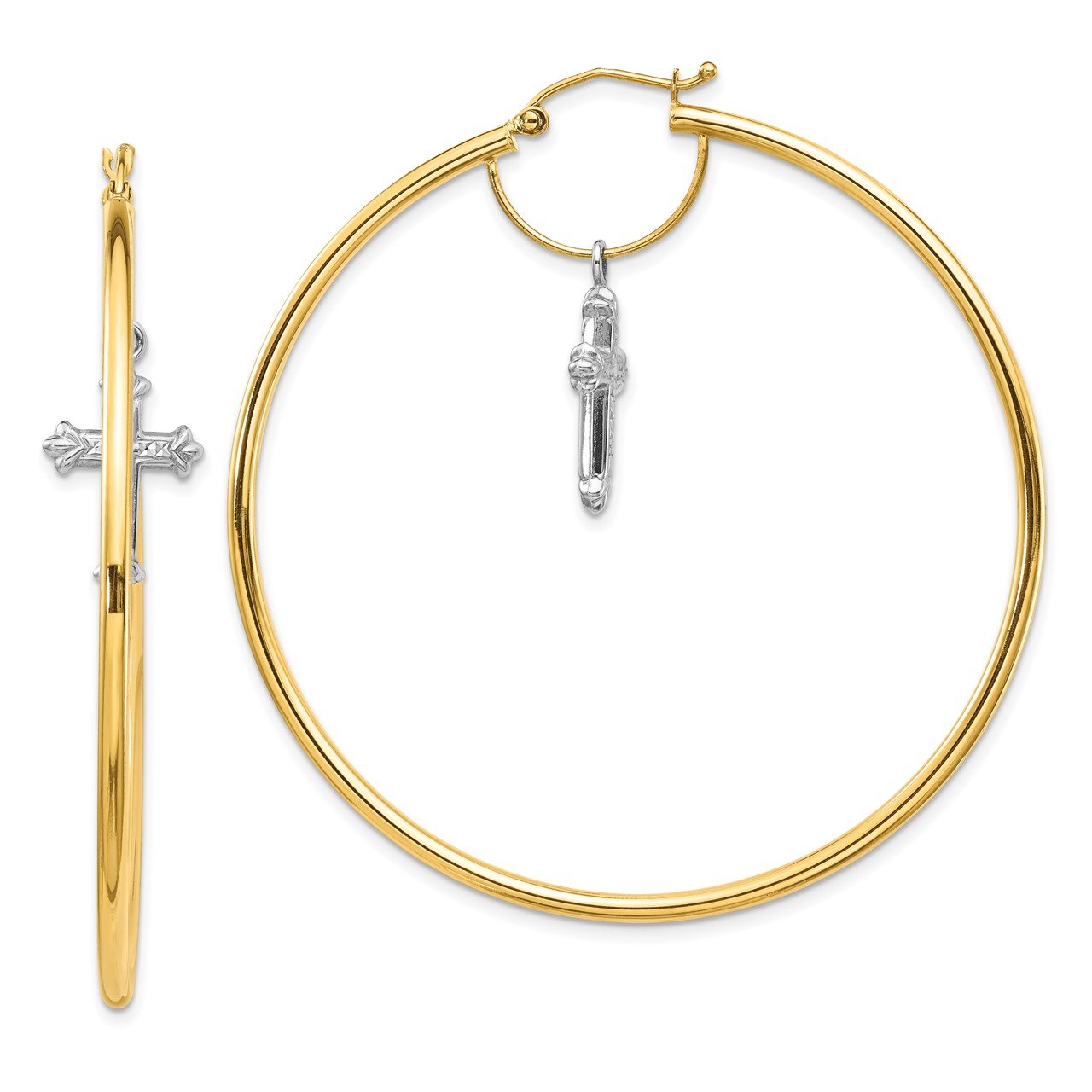 14KY HOOP EARRING with WHITE CROSS CHARM