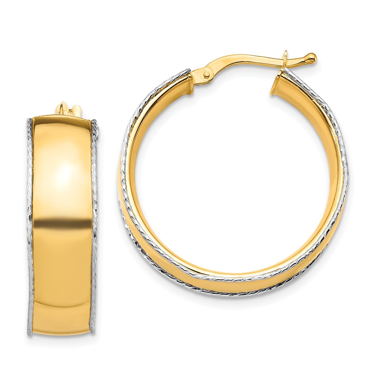 14K Yellow and White Gold 8x25mm D/C Edge Hoop Earrings