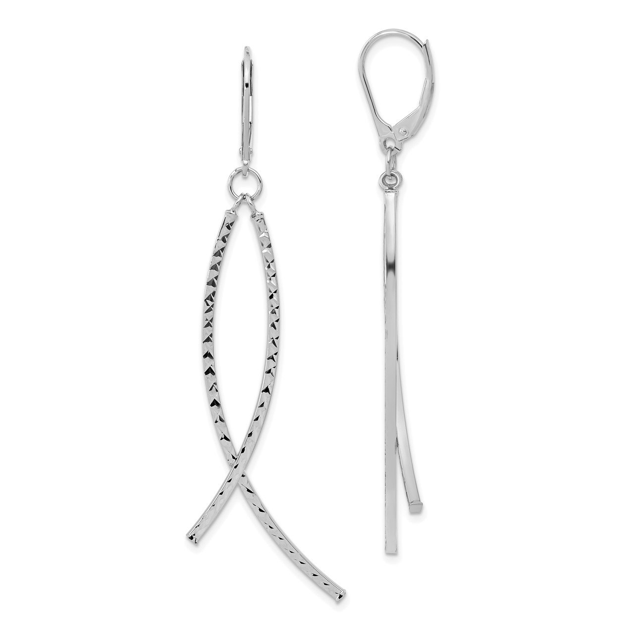 14K White Gold Polished and D/C Fancy Dangle Leverback Earrings