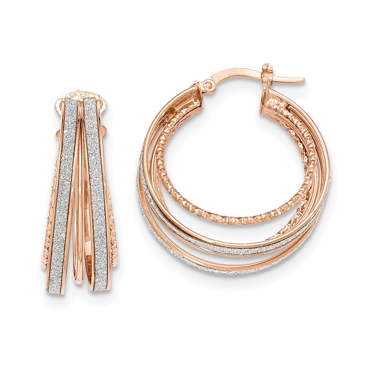 14k Rose Gold Polished Glitter Infused Round Hoop Earrings