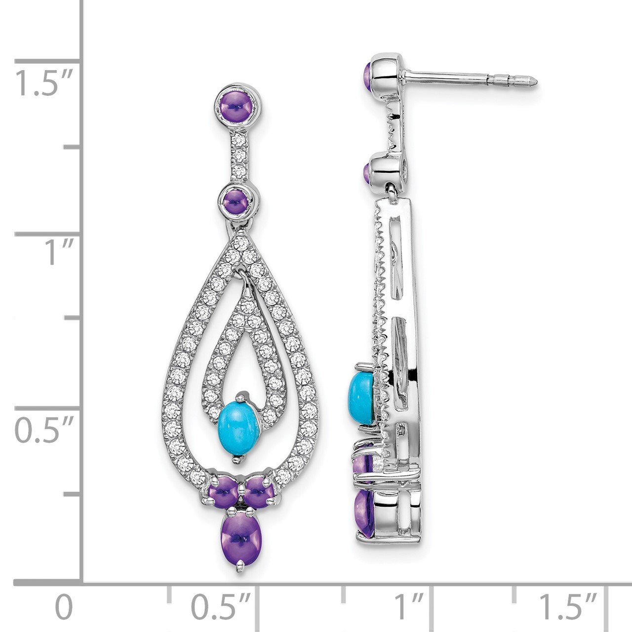 14k White Gold Turquoise/Amethyst/White Topaz Dangle Earrings-2