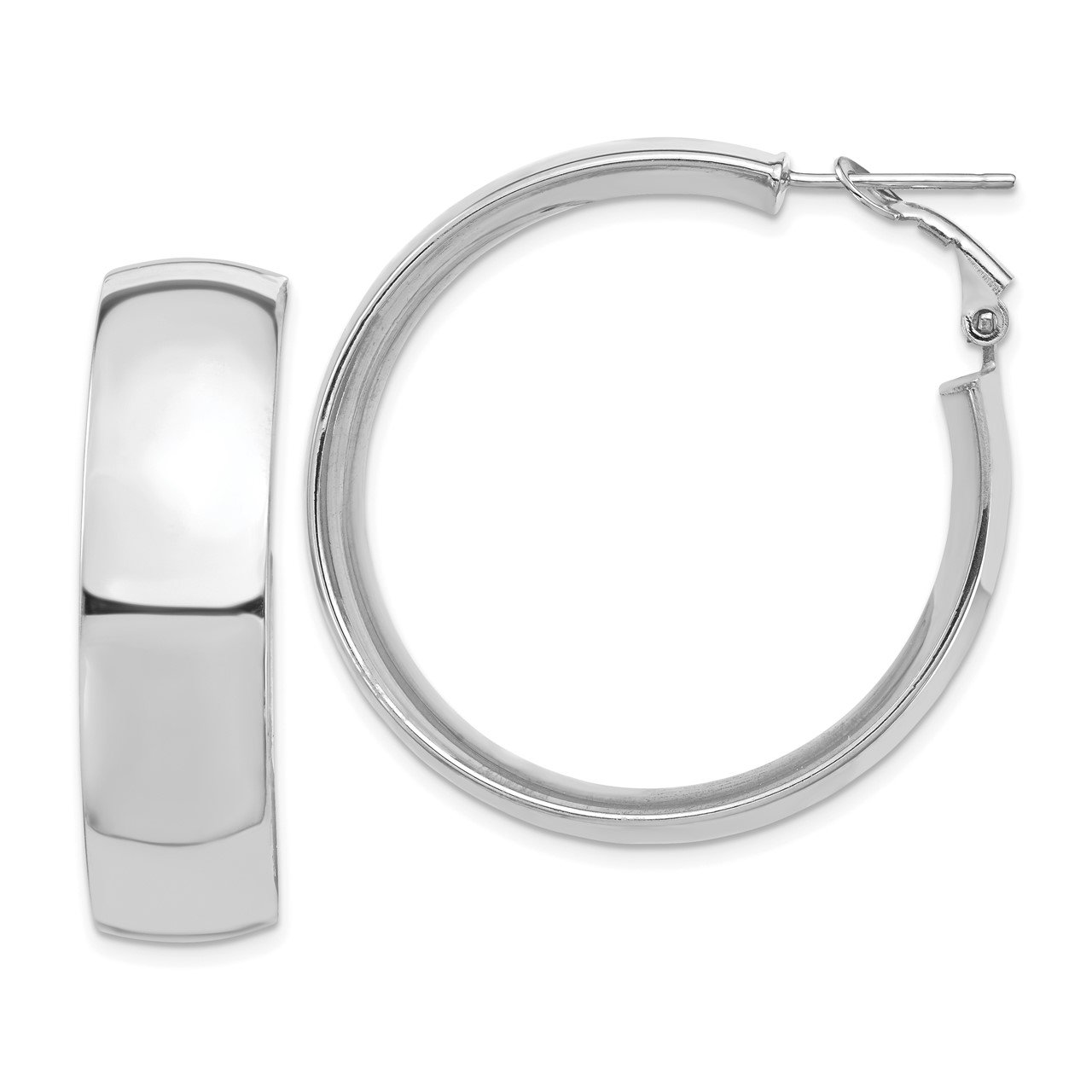 14k White Gold High Polished 10mm Omega Back Hoop Earrings