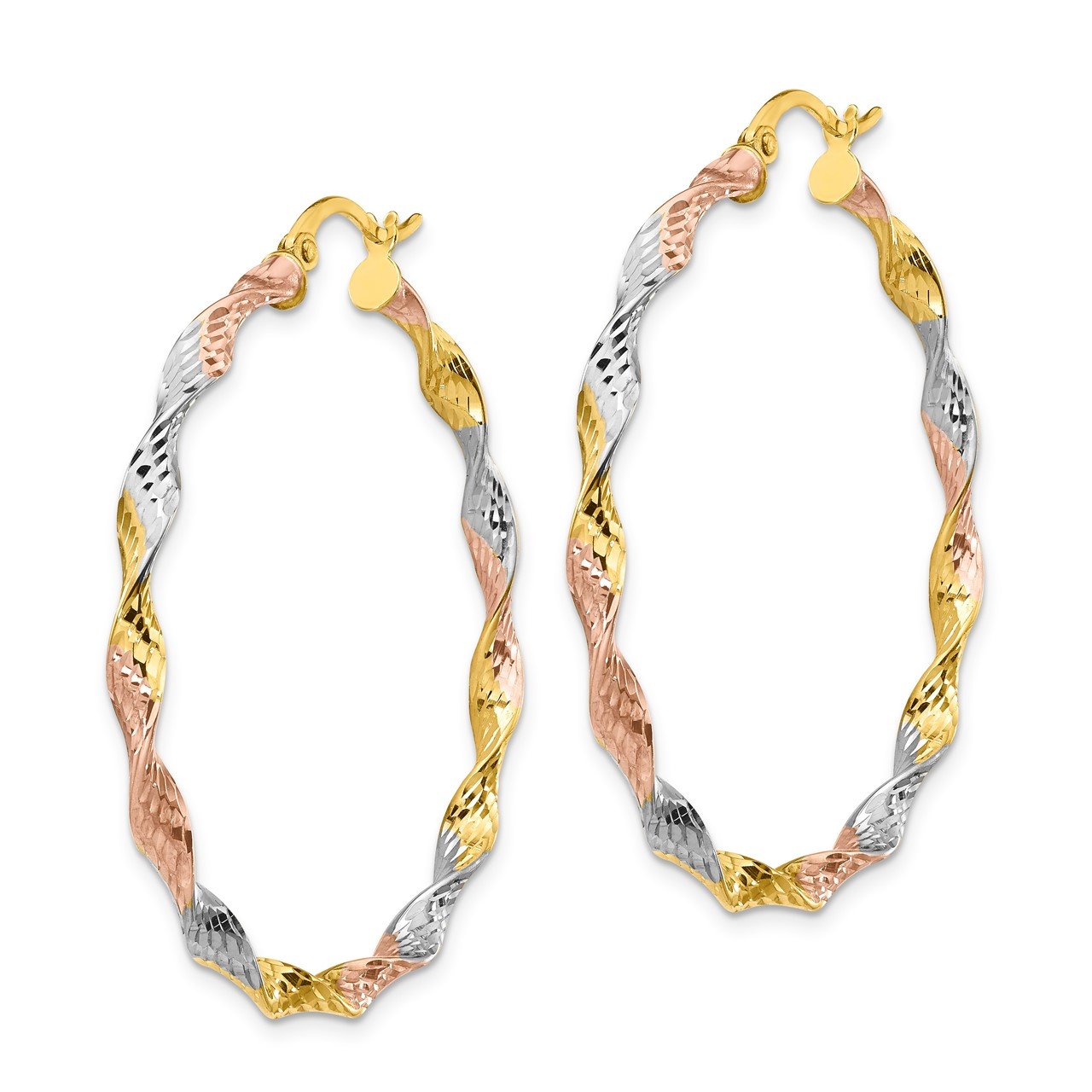 14k with White and Rose Rhodium Twisted D/C Round Hoop Earrings-1