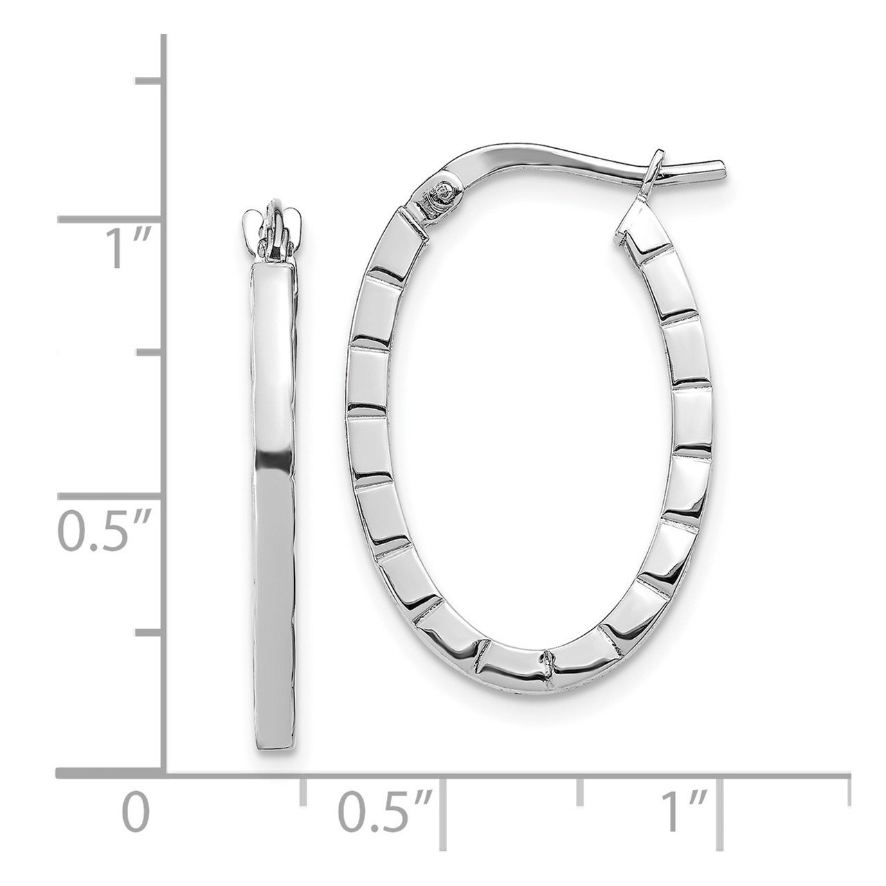 14k White Gold Striped Edge Oval Hoop Earrings-2
