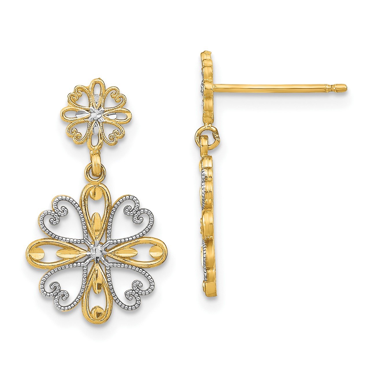 14K with Rhodium Beaded Heart Petal Floral Dangle Earrings