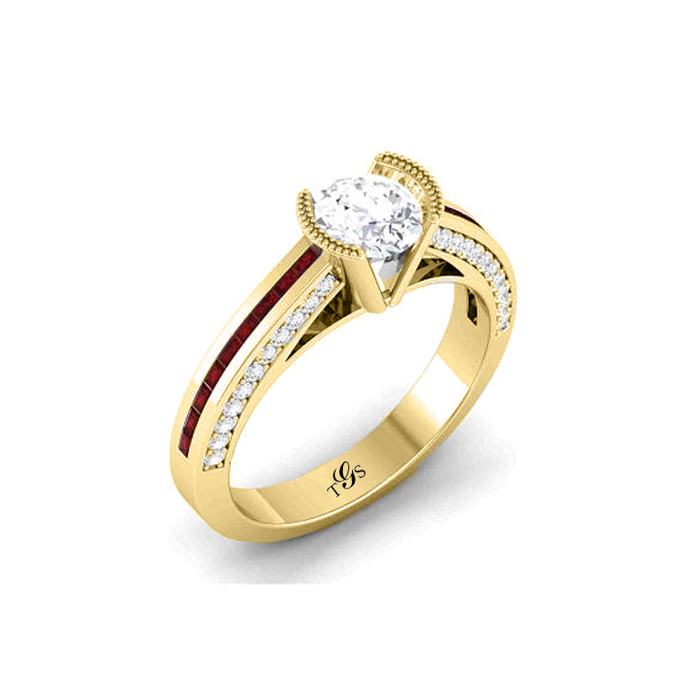 14K White Gold Channel Set w/ Natural Diamond w/ Synthetic Ruby Engagement Ring (Center Stone Not Included)-2