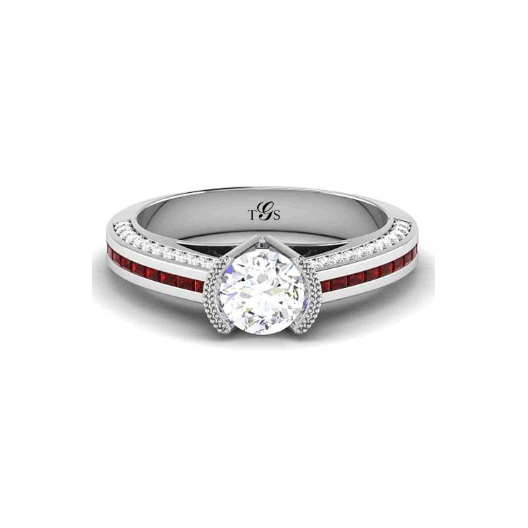 14K White Gold Channel Set w/ Natural Diamond w/ Synthetic Ruby Engagement Ring (Center Stone Not Included)-1