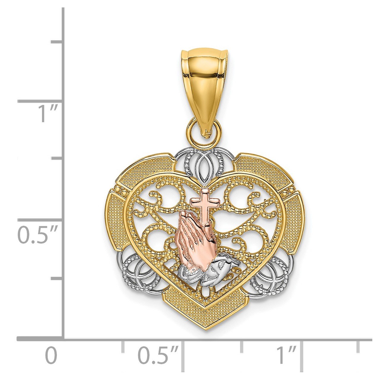 14K Two-tone with White Rhod Praying Hands and Cross Heart Charm-2