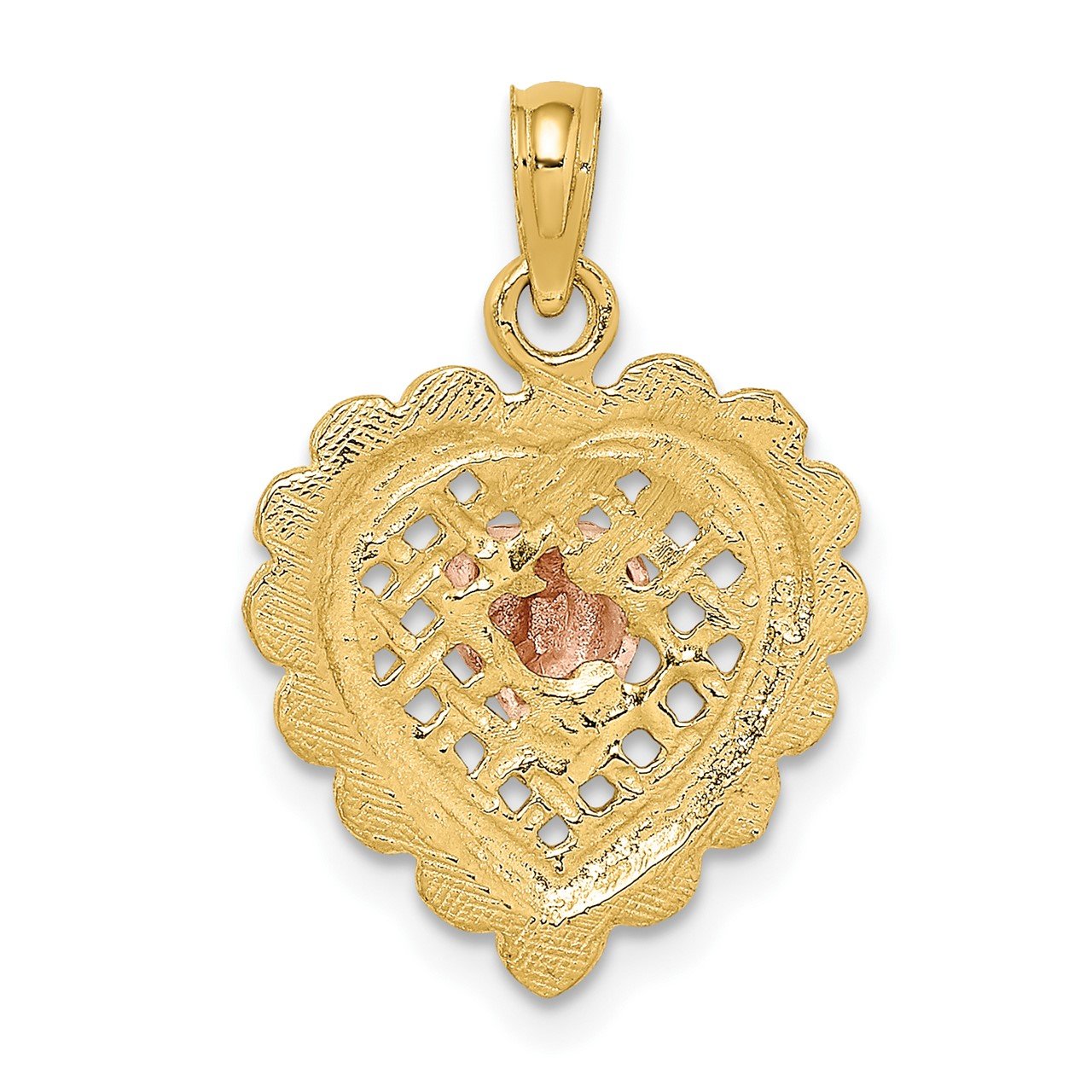14k Rose and Yellow Gold Polished Heart On Textured Heart Charm-3