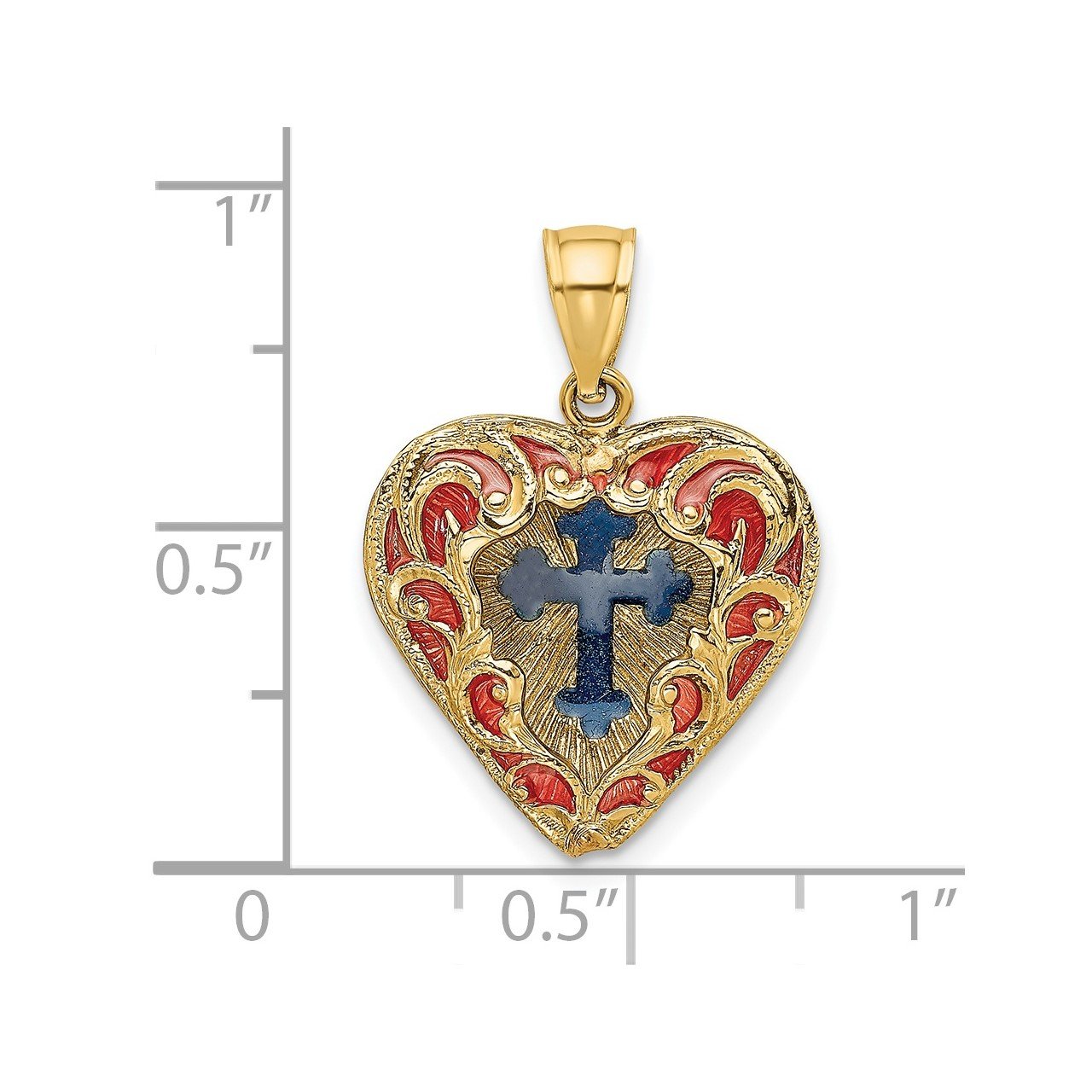 14K Reversible Red and Blue Enameled Cross In Heart Charm-2