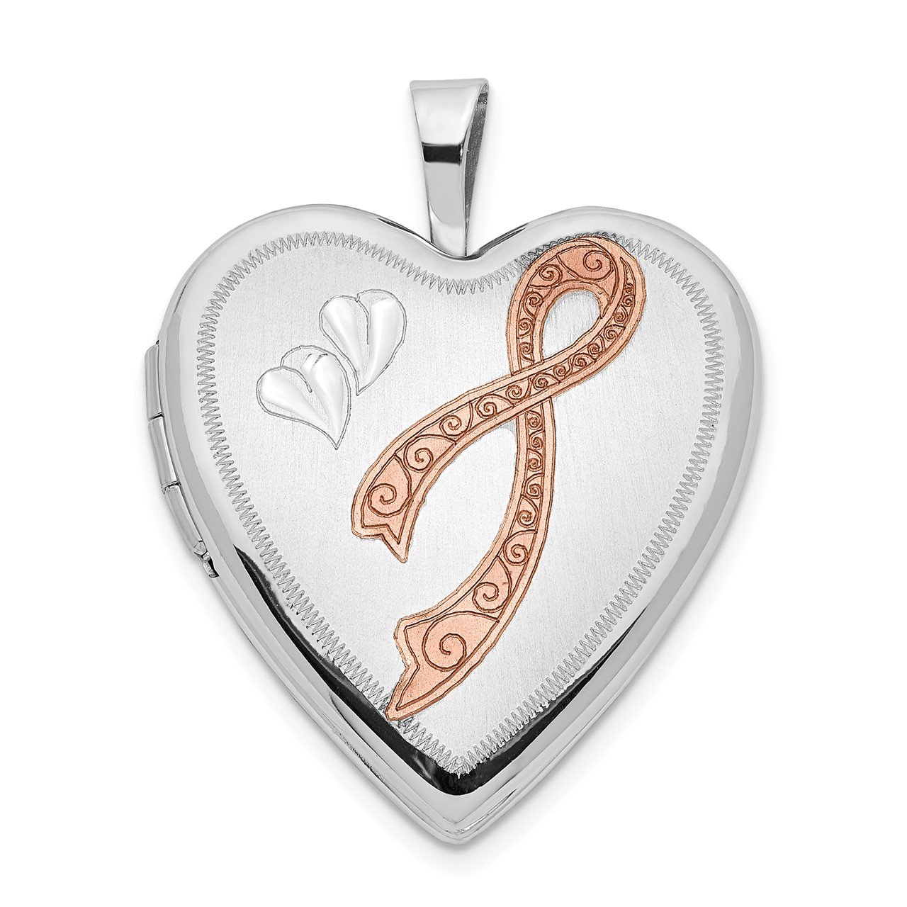 14K 20mm White Gold Enamel Breast Cancer with Hearts Heart Locket