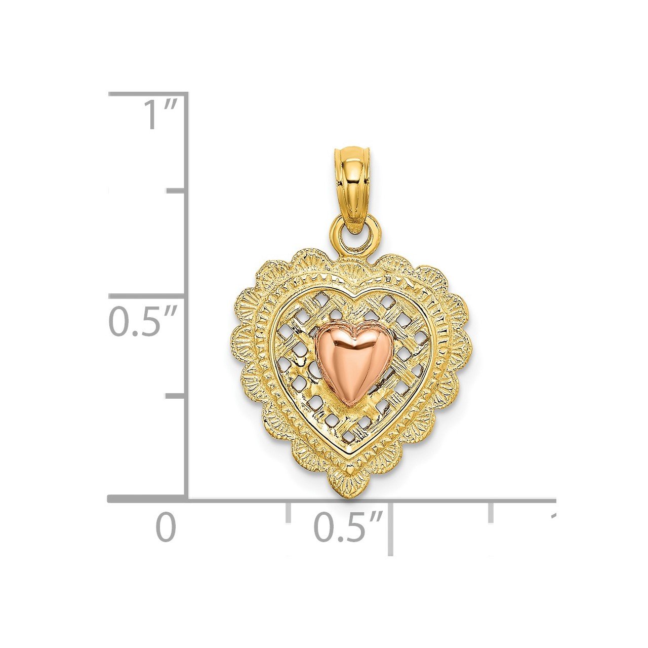 14k Rose and Yellow Gold Polished Heart On Textured Heart Charm-2