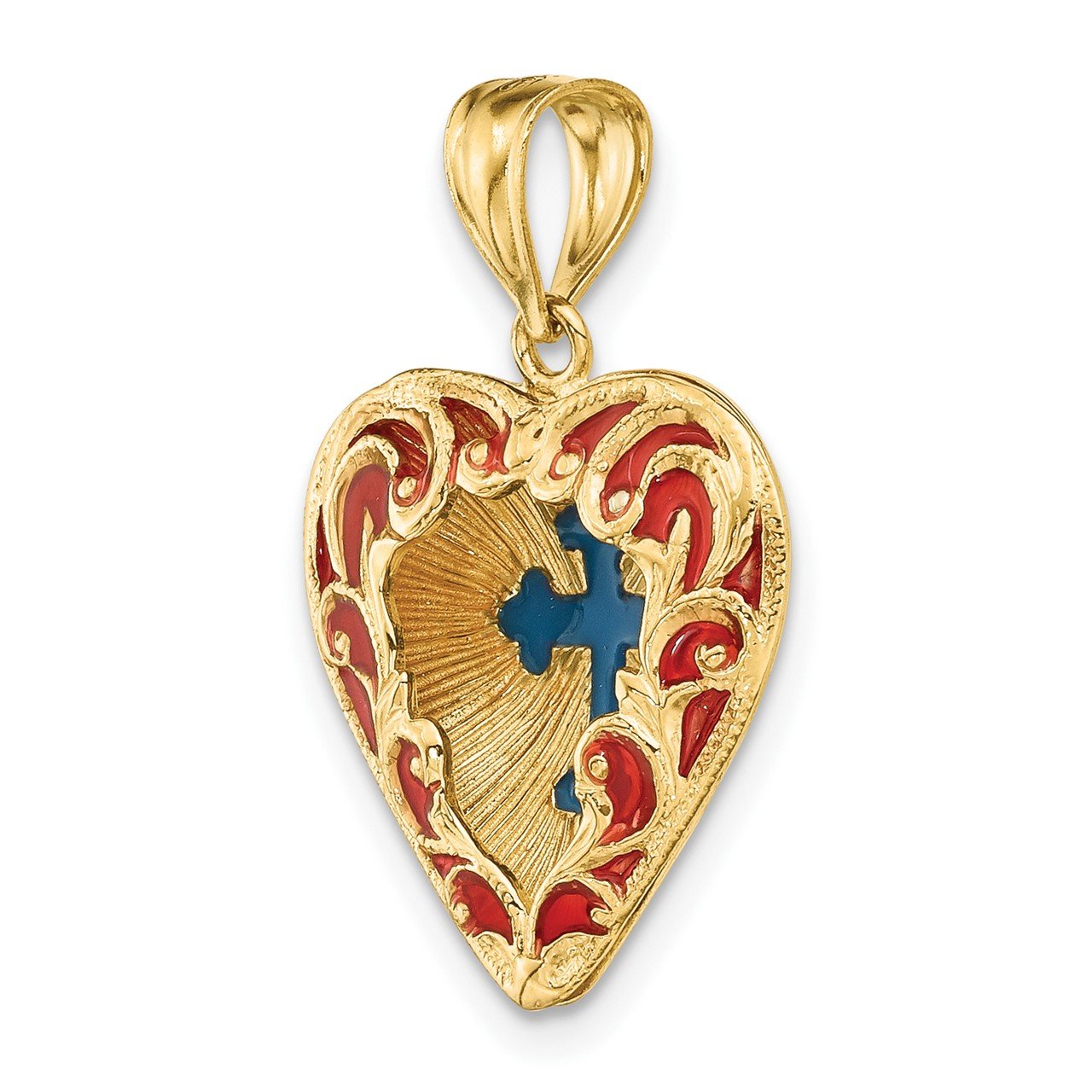 14K Reversible Red and Blue Enameled Cross In Heart Charm-4