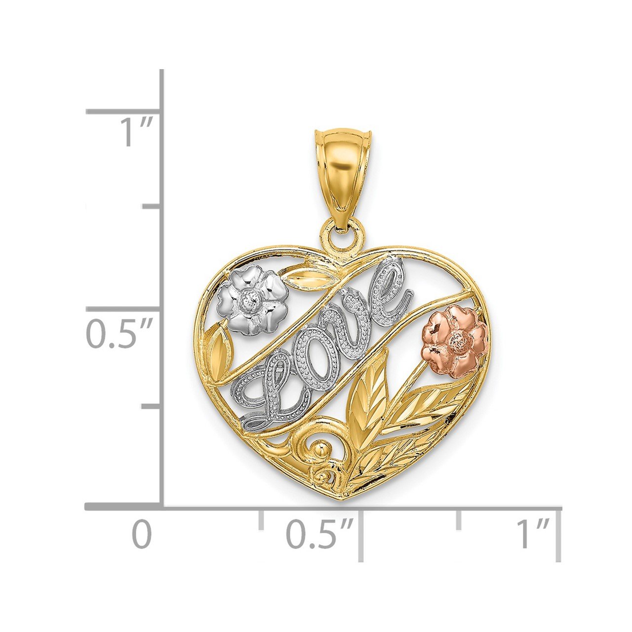 14k Two-Tone with White Rhodium Heart with LOVE and Flowers Charm-2