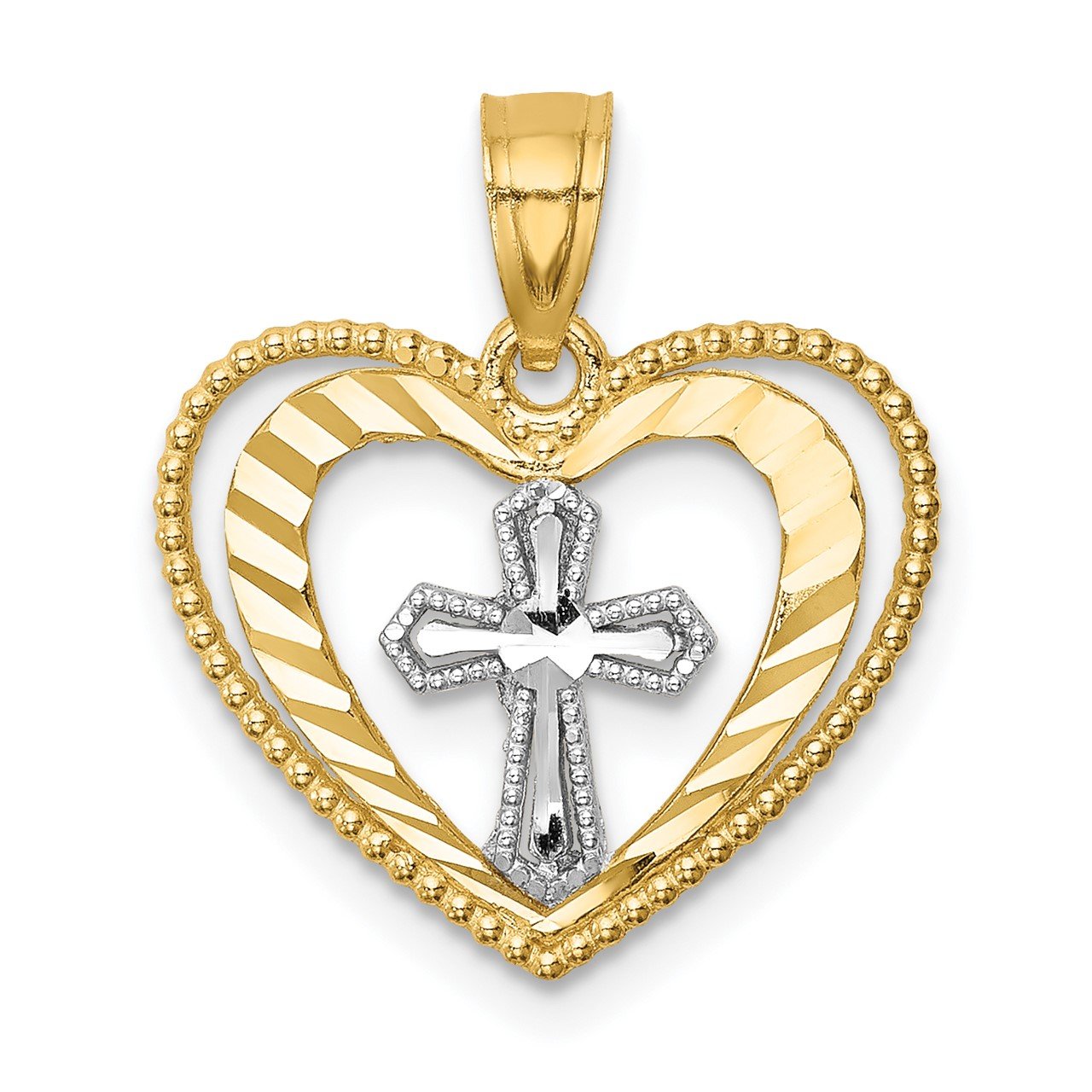 14K with Rhodium D/C Heart with Cross Pendant
