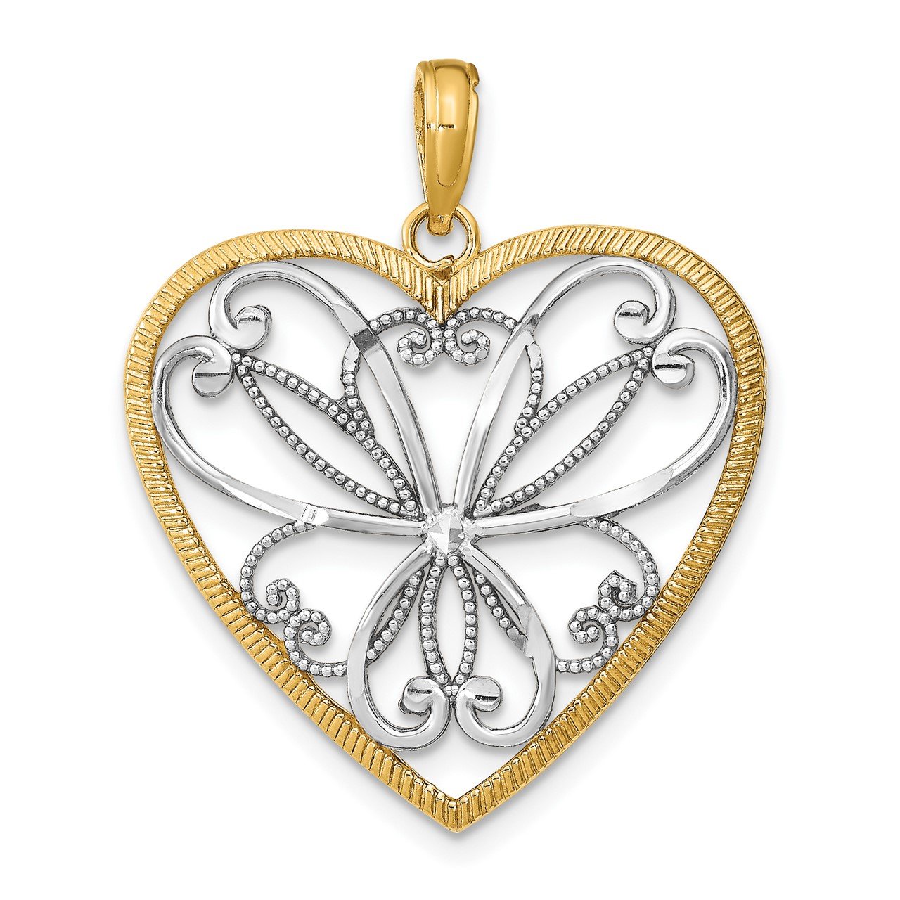14k with Rhodium and Filigree Heart Charm