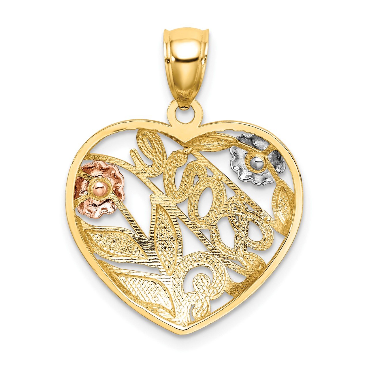 14k Two-Tone with White Rhodium Heart with LOVE and Flowers Charm-3