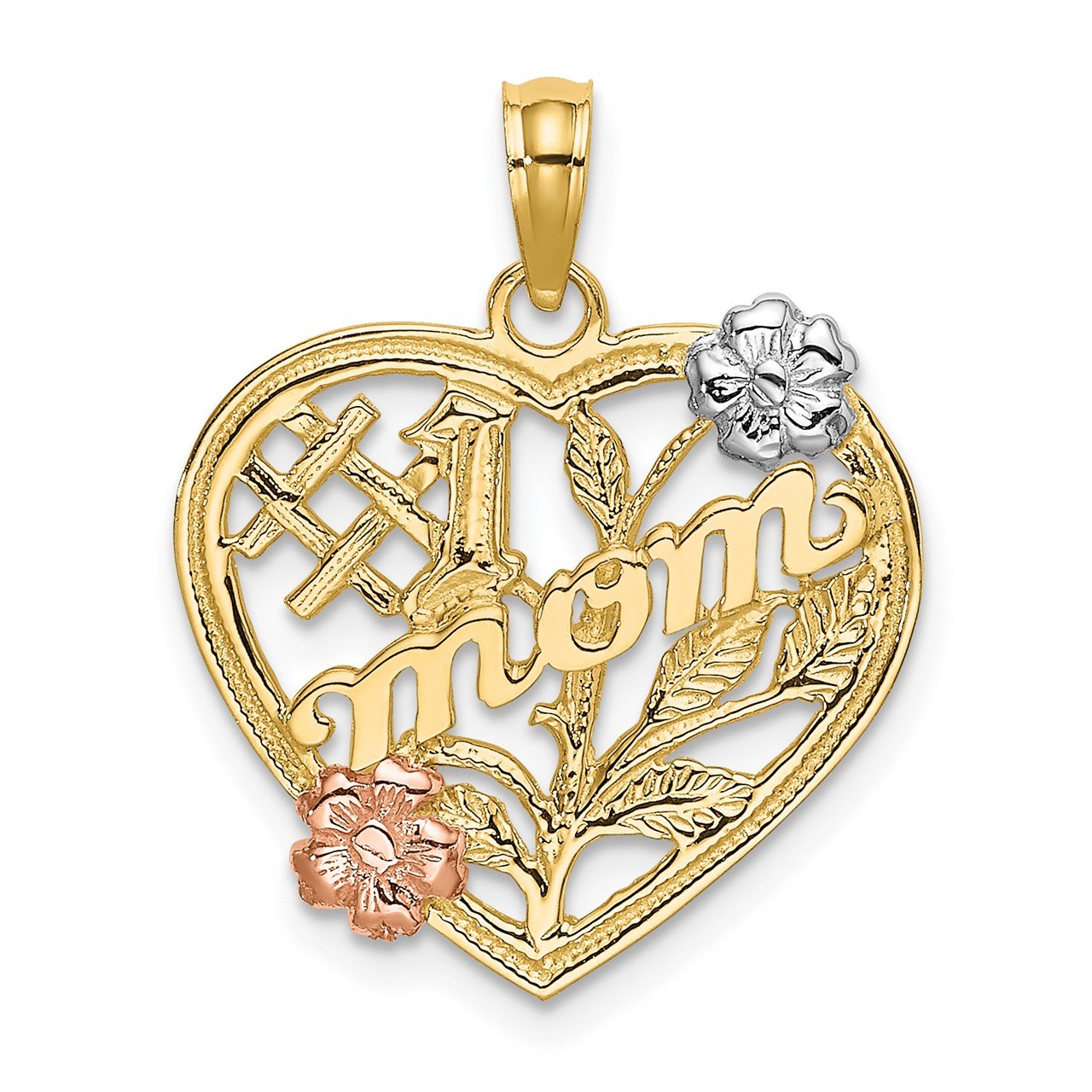 14k Two-tone with White Rhodium #1 MOM Heart with Flower Charm