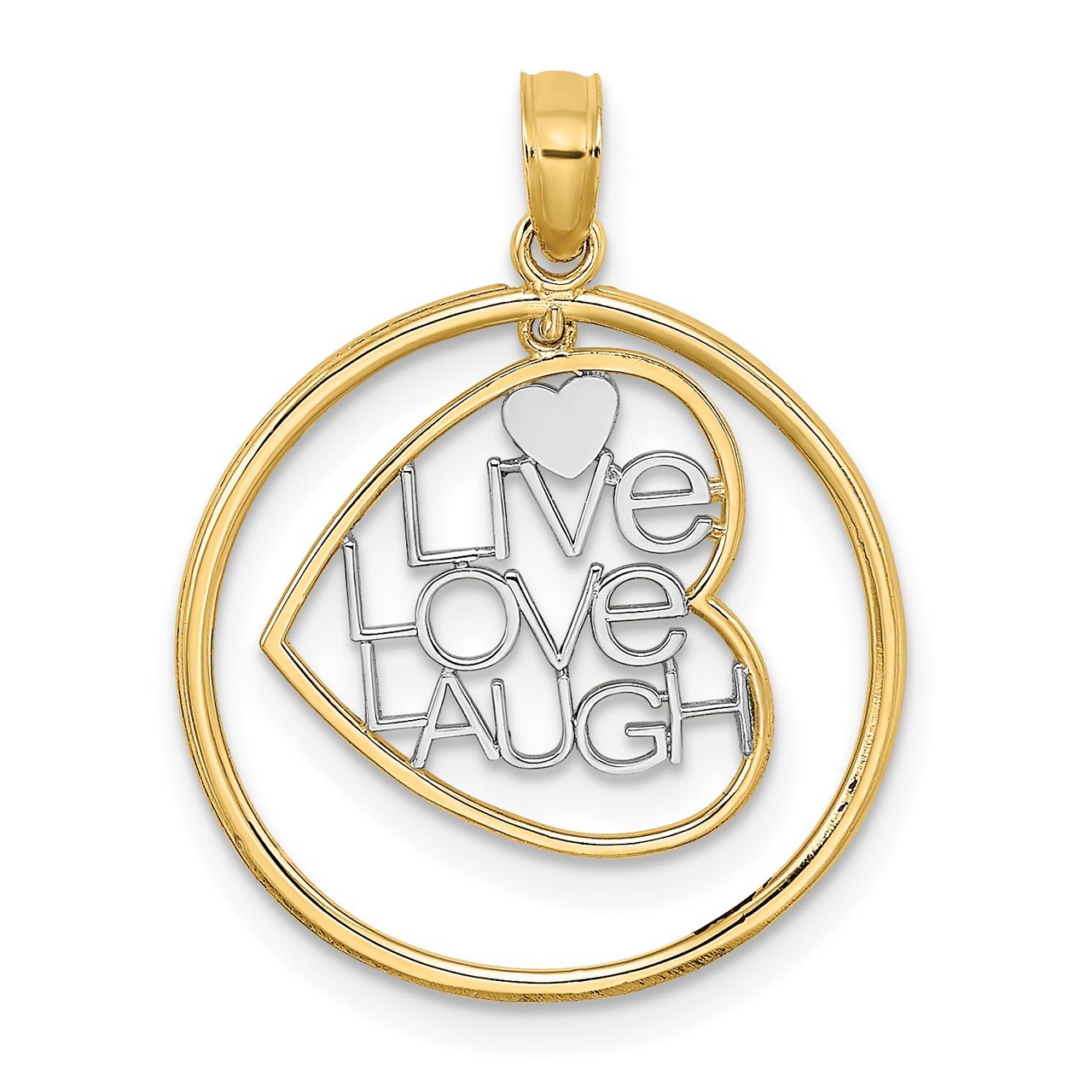 14k with Rhodium LIVE LOVE LAUGH Heart Dangling In Circle Charm