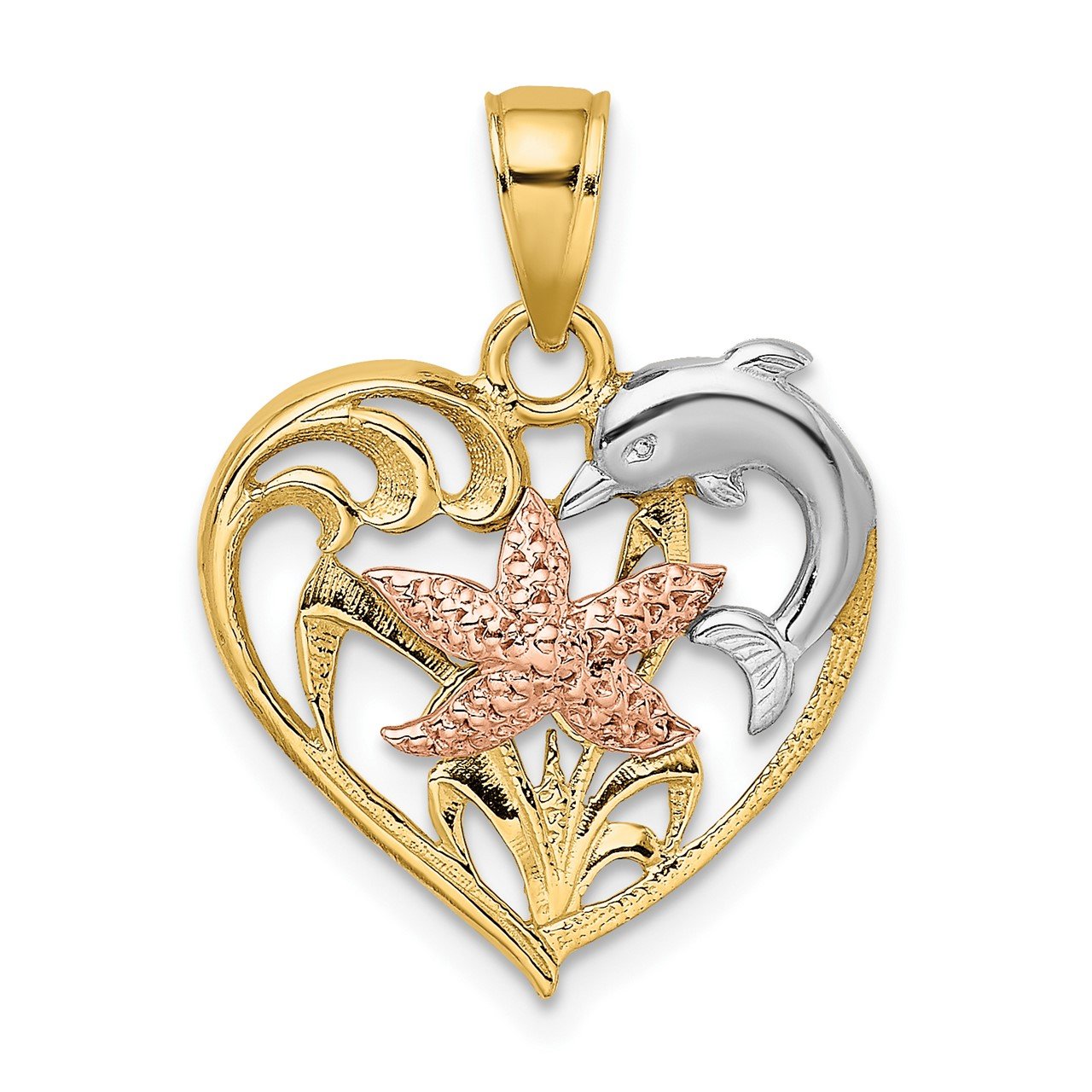 14K Two-tone with White Rhodium Dolphin and Starfish In Heart Charm