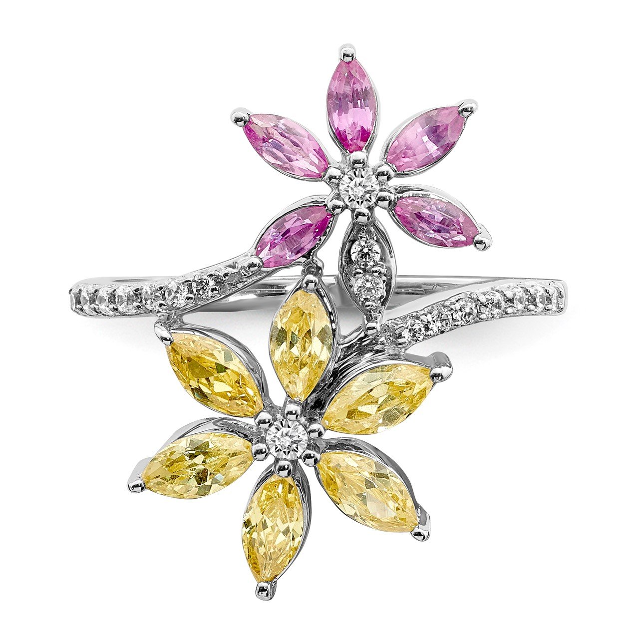 14kWhite Gold Diamond and Citrine/Pink Tourmaline Flower Ring-4