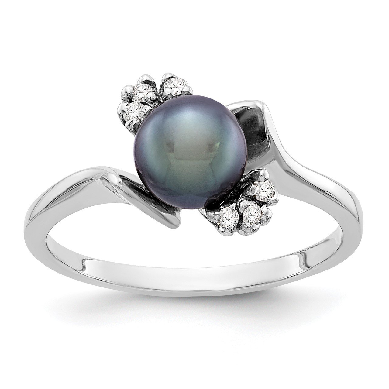 14k White Gold 6mm Black FW Cultured Pearl AA Diamond ring