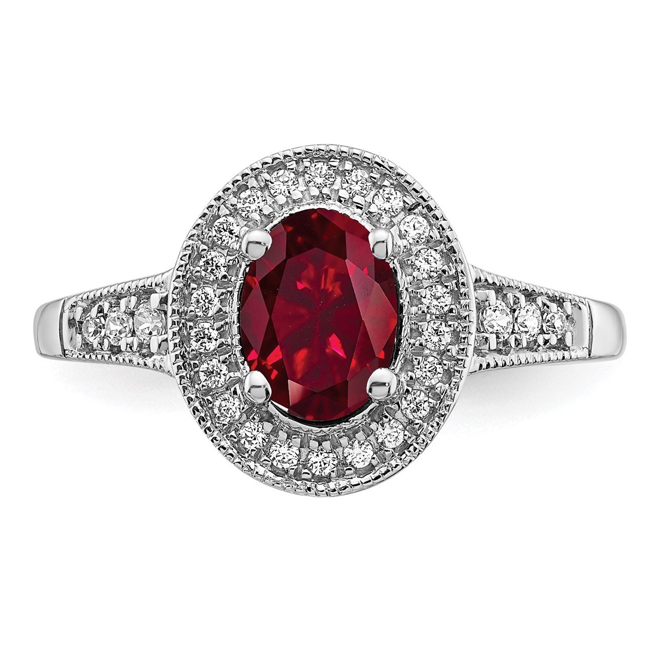 14k White Gold Oval Created Ruby and Diamond Halo Ring-4