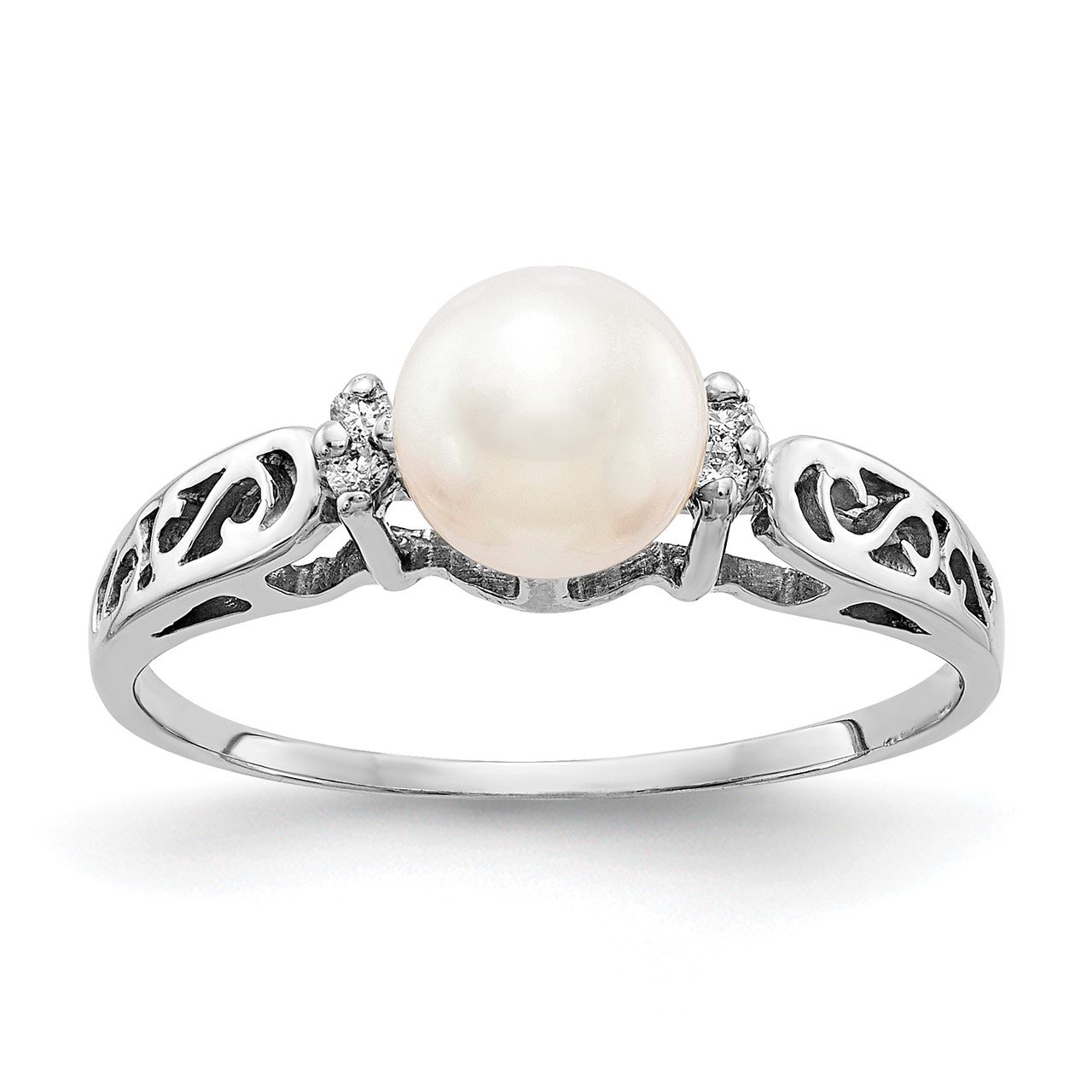 14k White Gold 6mm FW Cultured Pearl/AA Diamond Polished Ring