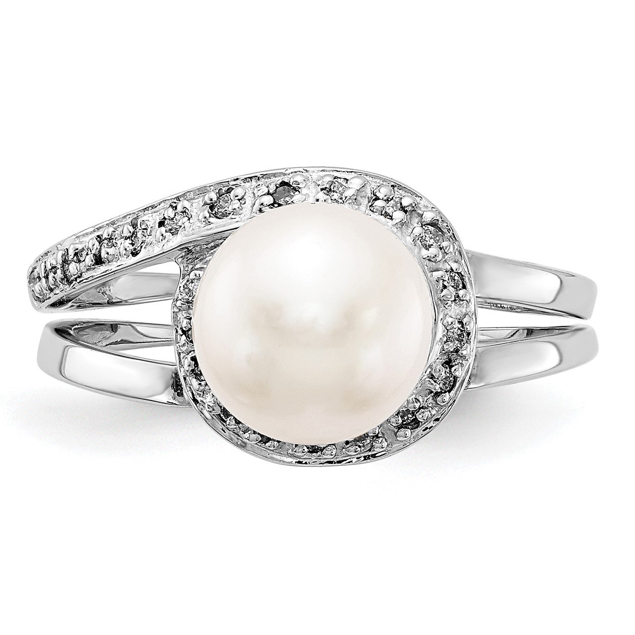 14k White Gold 7.5mm FW Cultured Pearl AAA Diamond ring-3