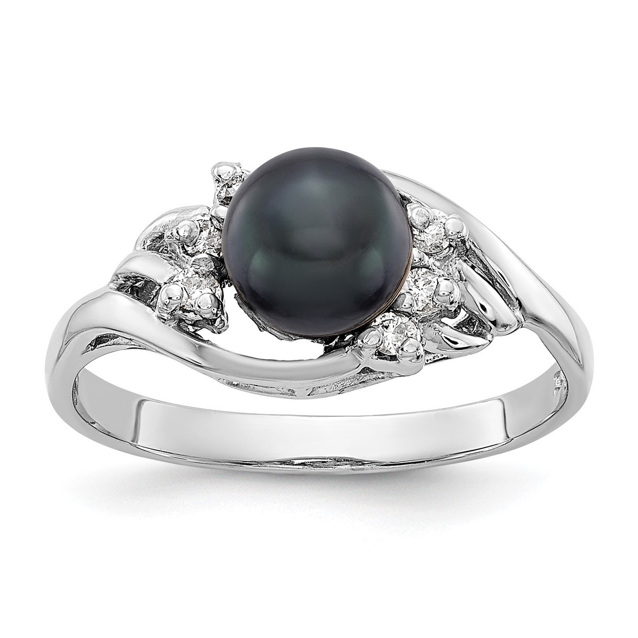 14k White Gold 6mm Black FW Cultured Pearl A Diamond ring
