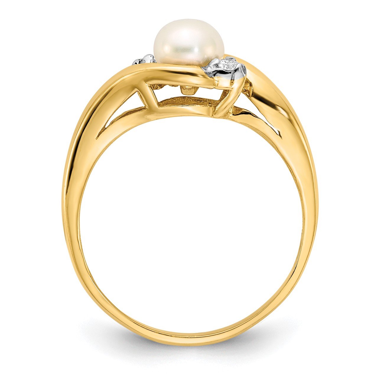 14K 5-6mm White Button Freshwater Cultured Pearl .04tw Diamond Ring-1