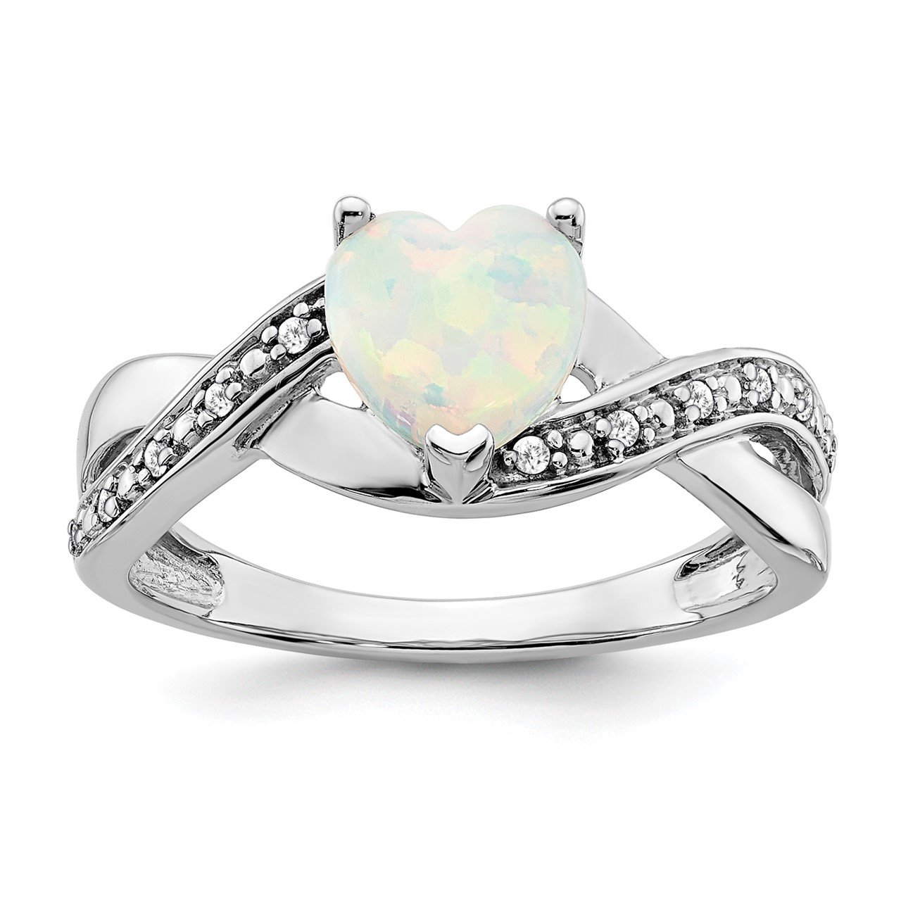 14k White Gold Created Opal and Diamond Heart Ring