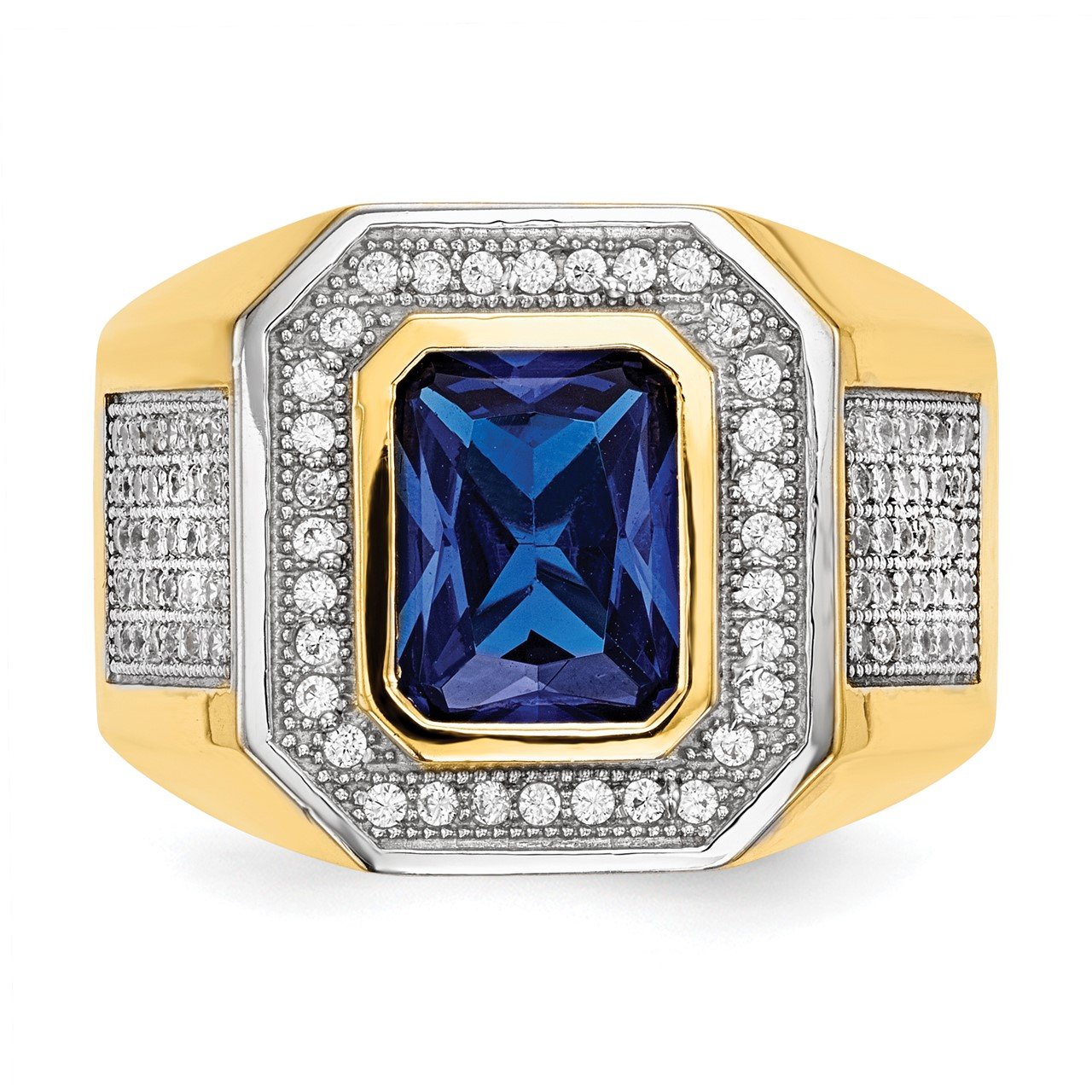 14k with Rhodium CZ and Emerald-cut Blue CZ Mens Ring-2