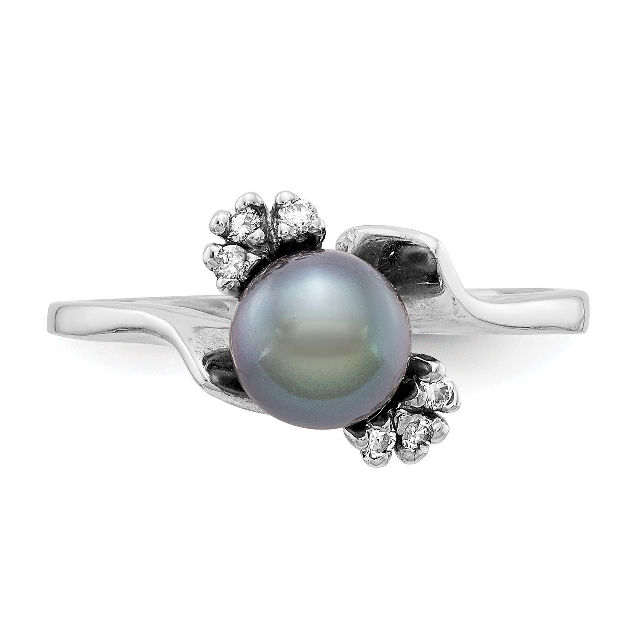 14k White Gold 6mm Black FW Cultured Pearl AA Diamond ring-3
