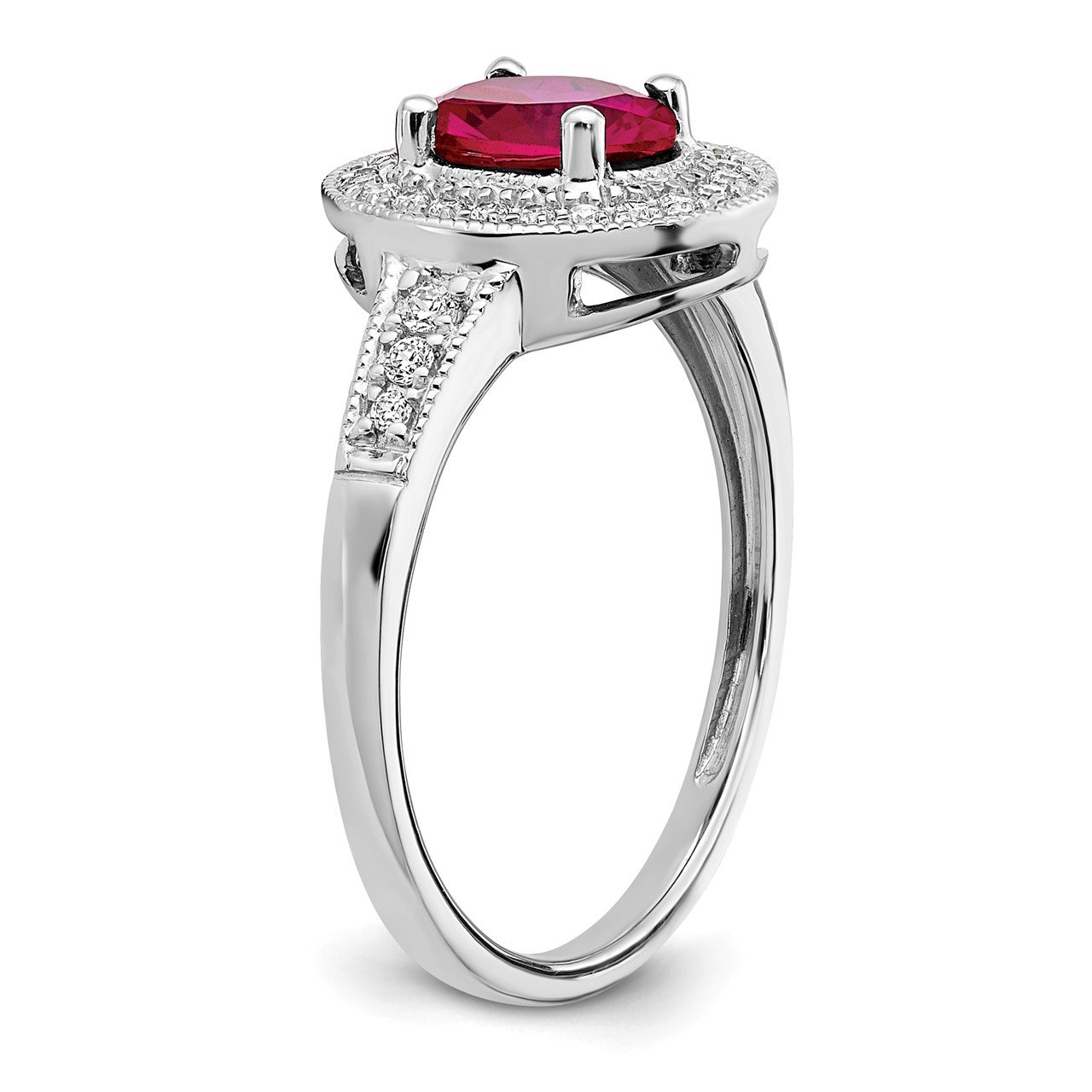 14k White Gold Oval Created Ruby and Diamond Halo Ring-6